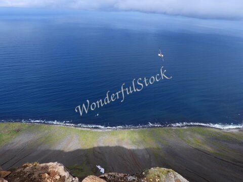 Une vue du littoral de Bolafjall, Islande, avec des eaux calmes et une plage de sable et d'herbe.
