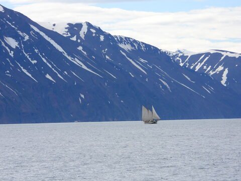 Un voilier navigue sur l'eau près des montagnes enneigées à Húsavík, Islande.