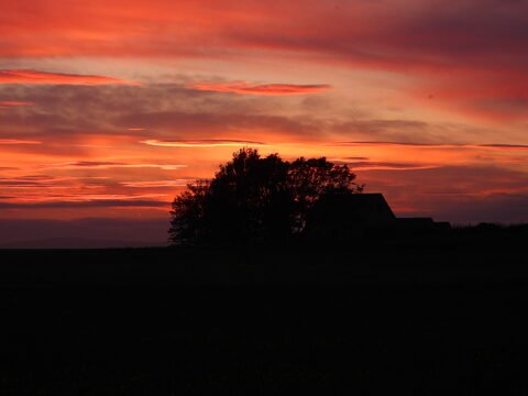 Silhouette d'une maison et d'arbres sous un ciel coloré au coucher du soleil, Seljalandsfoss, Islande.