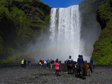 Une cascade avec un arc-en-ciel, entourée de verdure, à Skógafoss, Islande. Des visiteurs se tiennent près de chevaux.