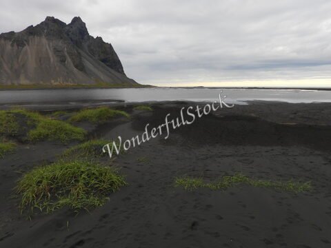 Vesturhorn en Islande, avec des formations rocheuses et des herbes vertes sur un sol noir, sous un ciel nuageux.