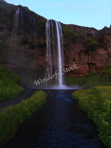 Cascade de Seljalandsfoss en Islande, entourée de verdure et d'eau, avec un fond de falaises.