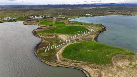 Collines verdoyantes au bord d'un lac à Skútustaðagígar, Islande, avec des habitations en arrière-plan.