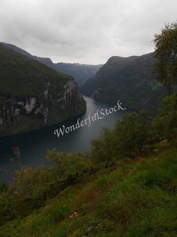 Fjord avec un bateau au milieu, entouré de montagnes verdoyantes à Flydalsjuvet, Norvège.
