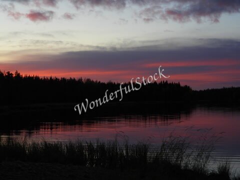Ciel au crépuscule avec des teintes roses, reflet sur un lac entouré de forêts en Finlande.