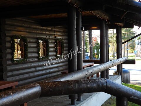 Cabane en bois avec fenêtres décorées, à Rovaniemi, Finlande, entourée d'arbres et d'un espace extérieur.