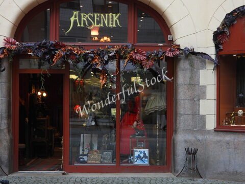 Boutique Arsenik à Malmö, Suède, avec des décorations de feuilles et des objets variés visible à travers la vitrine.