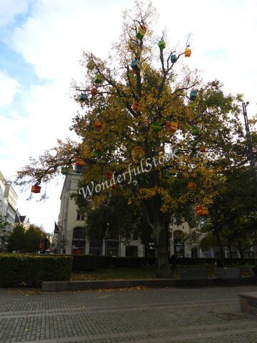 Un arbre décoré de boîtes colorées à Malmö, Suède, avec des bâtiments en arrière-plan et des bancs dans un espace public.