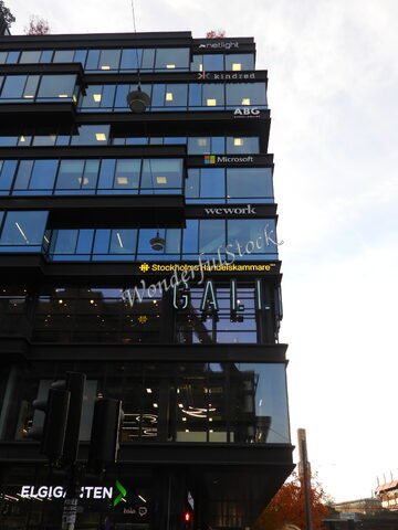 Bâtiment moderne à Stockholm, Suède, avec des enseignes de sociétés telles que Microsoft et WeWork sur sa façade en verre.