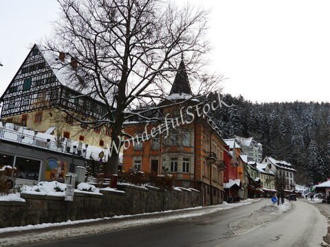 Maisons colorées et architecture à colombages à Triberg, Allemagne, avec un paysage hivernal et des arbres enneigés en arrière-plan.