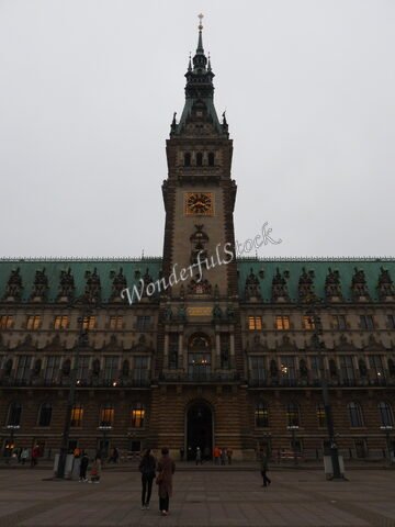 Hôtel de ville à Hambourg, Allemagne, avec une architecture gothique et une horloge dorée sur la façade.