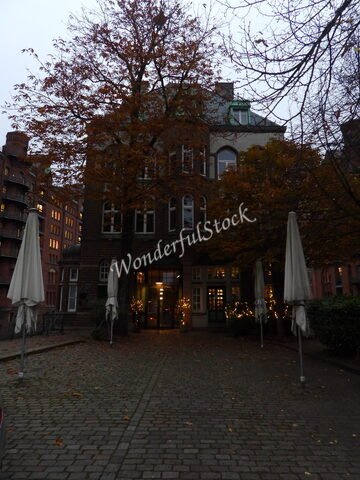 Bâtiment avec des arbres aux feuilles d'automne à Hambourg, Allemagne, avec des parasols et des lumières décoratives visibles.