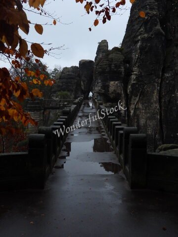 Pont de Bastei en Allemagne, entouré de rochers imposants et de feuilles d'automne, avec un chemin humide et une ambiance brumeuse.