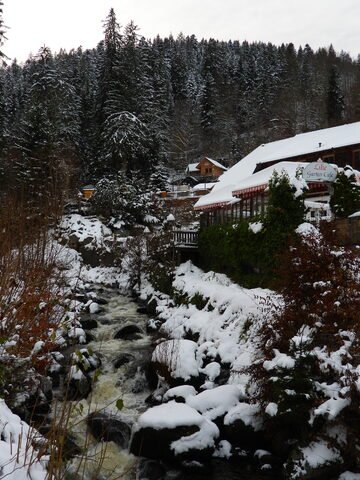 Un ruisseau gelé traverse un paysage enneigé à Triberg, en Allemagne, avec des maisons en bois et des sapins en arrière-plan.