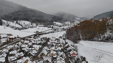 Village enneigé en Allemagne, avec des maisons aux toits blancs, entouré de collines et de forêts.