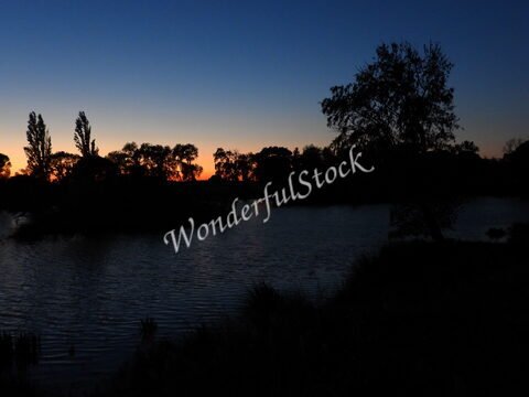 Silhouette d'arbres au bord d'un lac au crépuscule, Écosse.