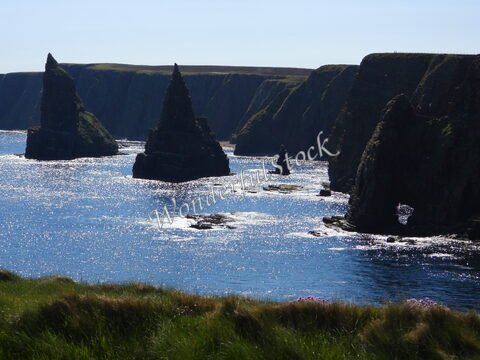 Des formations rocheuses se dressent au bord de la mer à Duncansby Head, Écosse, avec des falaises verdoyantes en arrière-plan.