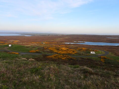 Paysages de landes et de lacs à Dunnet Head, Écosse, avec des fleurs jaunes et une route sinueuse.