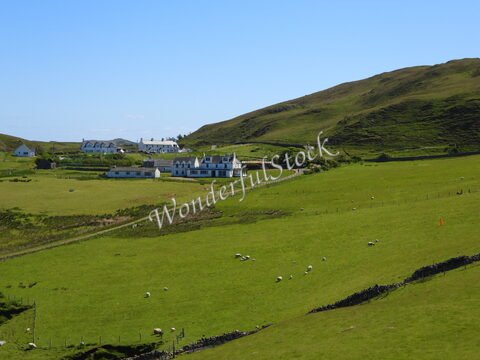 Des maisons blanches sur l'île de Skye, en Écosse, entourées de collines verdoyantes et de moutons dans les champs.