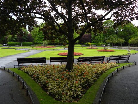 Parc avec des bancs et des fleurs à Dublin, Irlande. Des arbres verdoyants entourent la pelouse soigneusement entretenue.