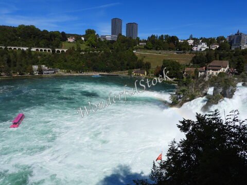 Chutes du Rhin en Suisse, avec des eaux tumultueuses et un bateau rose naviguant près des rives.