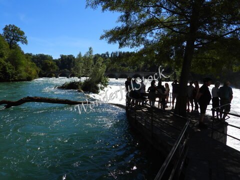 Chutes du Rhin en Suisse, avec des visiteurs sur une plateforme surplombant l'eau turquoise et un pont en arrière-plan.