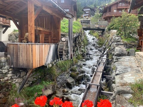 Un ruisseau coule à Grimentz, en Suisse, près d'un moulin en bois et de chalets typiques, avec des fleurs rouges au premier plan.