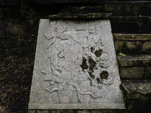 Relief sculpté représentant une figure humaine à Palenque, Mexique, avec des éléments décoratifs et une texture de pierre visible.