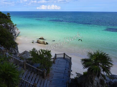 Plage de sable avec des rochers et une mer turquoise à Tulum, Mexique. Un oiseau vole au-dessus de l'eau.