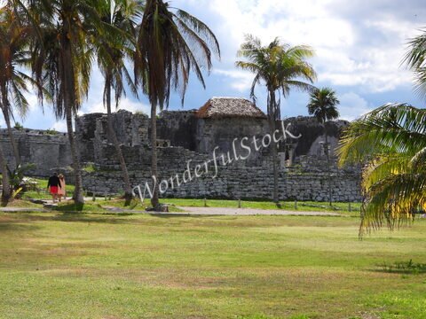 Ruines anciennes à Tulum, Mexique, avec des palmiers et un ciel nuageux en arrière-plan.