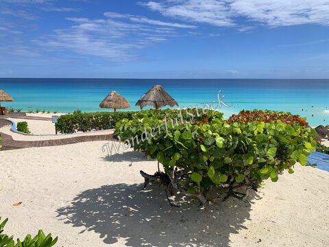 Plage avec des chaises longues et des parasols, à Cancun, Mexique, devant une mer turquoise et un ciel partiellement nuageux.
