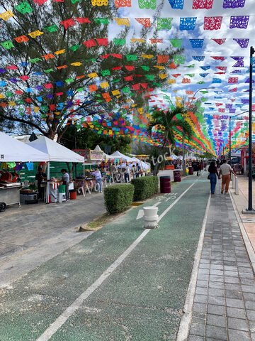 Des stands de marché sous des guirlandes colorées à Cancun, Mexique. Des arbres et des pavés bordent la rue.