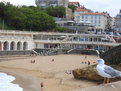 Plage à Biarritz, France, avec des baigneurs sur le sable et un bâtiment en pierre en arrière-plan, ainsi qu'une mouette au premier plan.