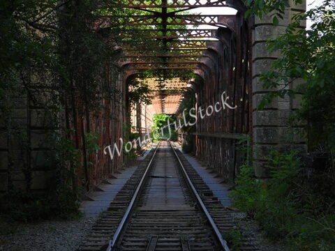 Chemin de fer abandonné à Bouzies, France, avec des rails visibles et une structure métallique entourée de verdure.
