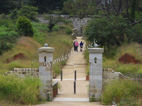 Trois personnes marchent sur un chemin bordé d'herbe à Crozon, en France, avec des murets en pierre et des arbres en arrière-plan.