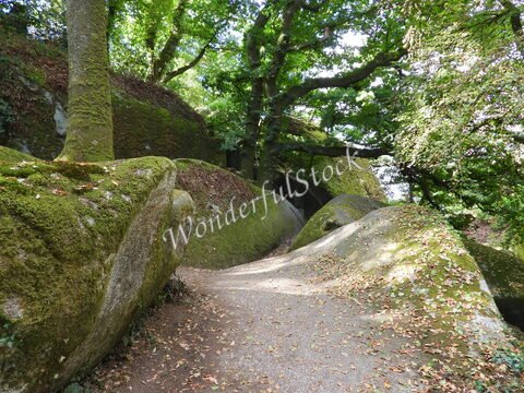 Sentier serpentant entre de grandes roches recouvertes de mousse, à Huelgoat, en Bretagne, France, entouré d'arbres feuillus.