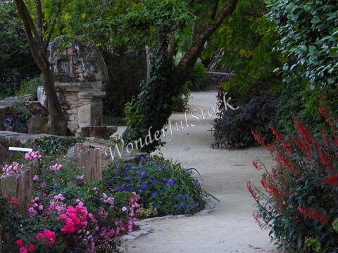 Un chemin sinueux bordé de fleurs colorées à Pont-Aven, en Bretagne, France, avec des arbres verdoyants et une pierre ancienne.