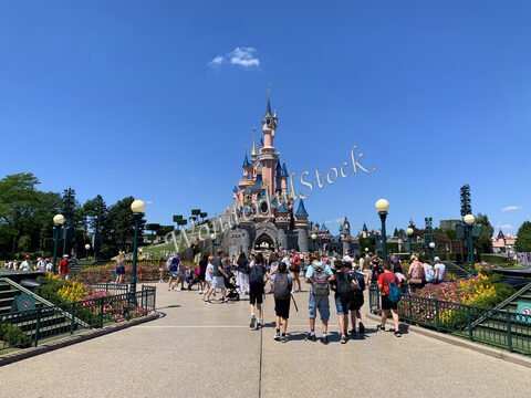 Château coloré entouré de visiteurs et de fleurs à Disneyland, France.