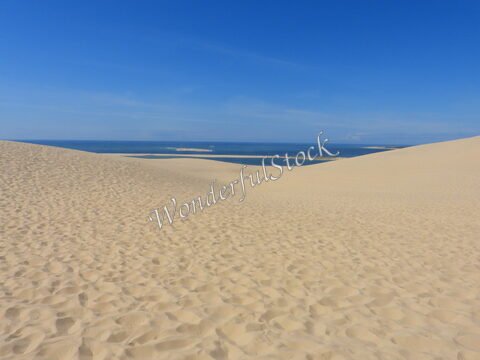 Dunes de sable à la Dune du Pilat, France, avec vue sur l'océan et un ciel bleu dégagé.