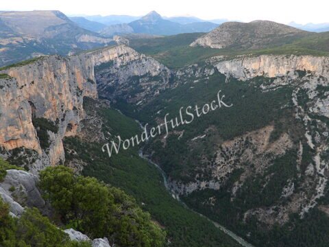 Gorges du Verdon en France, avec des falaises abruptes et une vallée verdoyante traversée par une rivière.