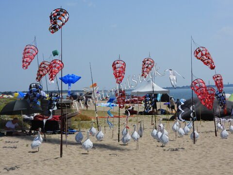 Cerfs-volants colorés sur la plage à La Turballe, France, avec des parasols et des personnes en arrière-plan.