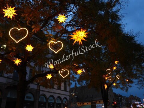 Étoiles et cœurs lumineux décorent un arbre à Strasbourg, France, sous un ciel crépusculaire.